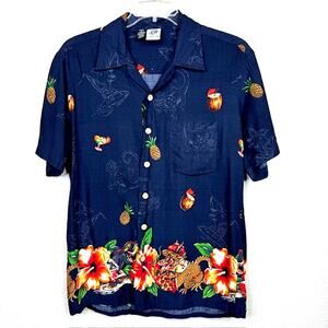 Vintage Kennington California Black Hawaiian Cocktail Shirt Sz Large